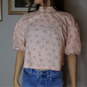 By Anthropologie Floral Open-Back Bubble Sleeve Cropped Blouse